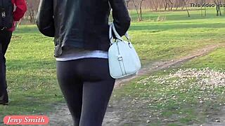 Jeny Smith Flashes Big Ass Cameltoe In See Through Yoga Pants During Outdoor Body Painting