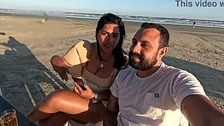 Intense public anal fuck on beach with spit and creampie in bent over doggystyle