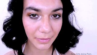 dazzling brunette model swallows cum after intense pov fuck in casting interview