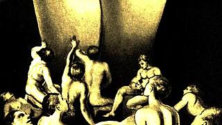 Vintage drawings showcase erotic hairy figures in retro antique style with detailed vintage elements