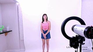 A brunette model attends an audition with a sultry vibe.