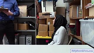 Officer strips and fucks big tits arab shoplifter in office with titty fuck.