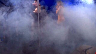 euro slut jumps on desk for hardcore blowbang and bukkake with group of cocks