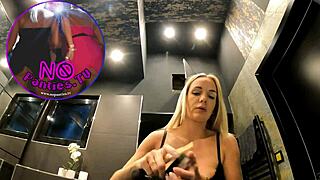 big tits long haired blonde feels excited in see through mini skirt with socks