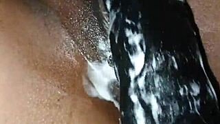 Huge 22 cm dildo insertion by tall wife while husband watches in awe!