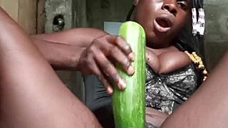 Nasty curvy amateur stuffs huge cucumber deep for squirting orgasm in homemade backstage solo