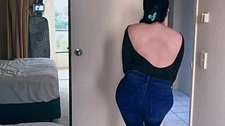 What happens when pretty asian ladyboy with big boobs does jeans striptease?