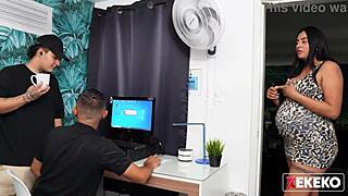 Pregnant Colombian is discovered and fucked while being spied on... damn, those big tits and sexy fetish balloon play in this Latina Mexican monster natural tits scene.