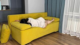 wow, this milf with big ass waited on husband's couch but got fucked in her ass instead 😲