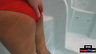 Amateur Thai teen couple does foreplay in public pool before doggystyle sex