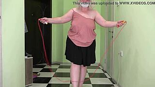 hey, why does this mature milf in stockings jump rope to shake her big boobs and fat booty?
