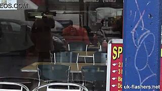 Horny British girl flashes and masturbates outdoors, fingering her shaved pussy in public exhibition.