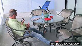 Blonde gives handjob to her stepdad's monster cock