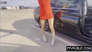 Amateur blonde flashes nude body and masturbates outdoors in public.