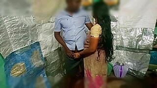 indian village student explores first time blowjob and cum with aunty in bedroom.