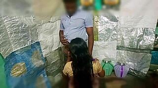 indian village student explores first time blowjob and cum with aunty in bedroom.