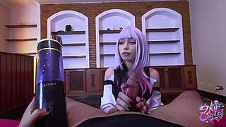 How does petite Brazilian babe in Lucy cosplay from Cyberpunk Edgerunners handle huge interracial cock in free Zne scene?