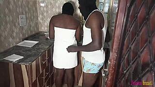 Kitchen assistant turns to erotic fuck and oiled with blowjob doggystyle big tits