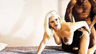 Blonde milf slut takes monster cock in sensual interracial anal. He creampies her after deepthroat blowjob action in couple sex