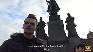 Why does hot brunette agree to Prague pickup and passionate sex for cash in public?