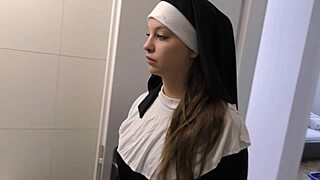 Shy teen nun Angelina Brill experiences her first bareback interracial casting with big black cock creampie.