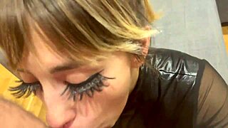 Blondes face gets spit on during cum eating session.