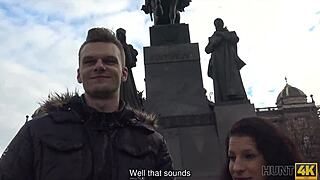 Why does hot brunette agree to Prague pickup and passionate sex for cash in public?