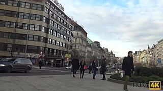 Why does hot brunette agree to Prague pickup and passionate sex for cash in public?