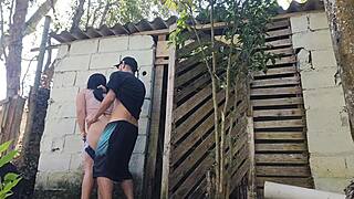 the brazilian housewife in jeans and shorts received the bricklayer for a budget quote outdoors. she knew he wouldn't resist her big ass with dirty talk and rough foreplay.