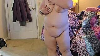 Chubby BBW strips lingerie teasing huge natural tits