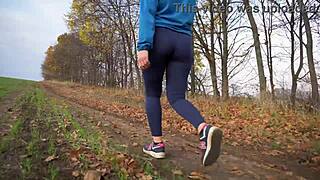 Milf in tight yoga leggings teases with perfect ass from behind in voyeur view