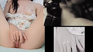 Petite teen babe masturbates watching sexy lesbian sex action.