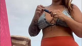 Tina's Swollen Wet Pussy Flashes on Beach Ready for Action