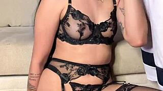 babe in lingerie gives sloppy vertical blowjob