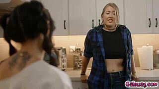 lulu chu sneaks away from kissing to finger and trib with petite electra rayne intimately