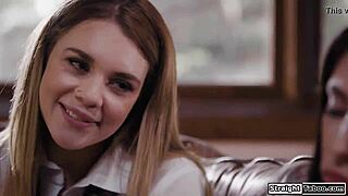 Petite tattooed cheerleader explores first lesbian tryst eagerly