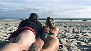 Crazy milf takes stranger anal creampie right by coast guard