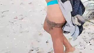 horny latina whore flashes huge tits and ass in mexican beach public lingerie tease