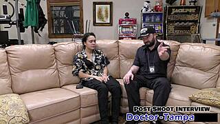 uhm dr tampa's examin mara luv's shaved pussy backstage with toys n piercin nipples pokin out