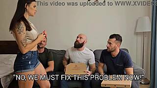 pizza guy turns 3on1 dp dap piss fest into bille star's messy mouthful