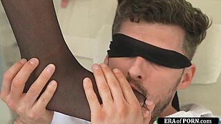 european teen gives boyfriend steamy footjob outdoors in lingerie blindfolded