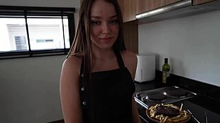 brunette babysitter bent over kitchen counter for rough creampie doggystyle