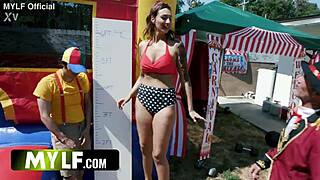 Mylf trailer shows extra tall tattooed milf fucked bent over in bounce house outdoors.