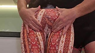 Cleaning lady in leggings takes bent-over creampie tip without a word!