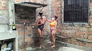 neighbors shower chat gets exciting spraying water on skin