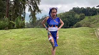 chun-li cosplay slut twerks ass then deepthroats cock outdoors