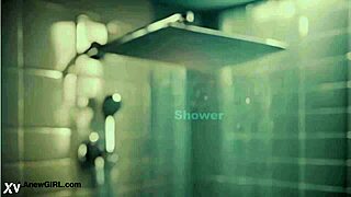 elegant tall brunette steps into steamy shower casually