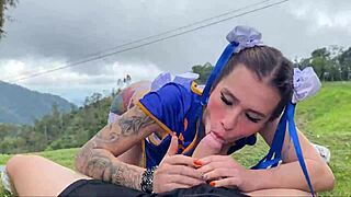 chun-li cosplay slut twerks ass then deepthroats cock outdoors
