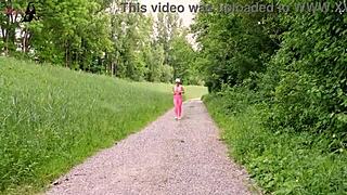 bimbodoll in leggings takes stranger's huge cock outdoor forest workout 💦 deepthroat cum in mouth squirt! 😈
