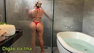 casada sucks amigo shower then rides hubby's cock in tub creampie tight wet pussy interracial